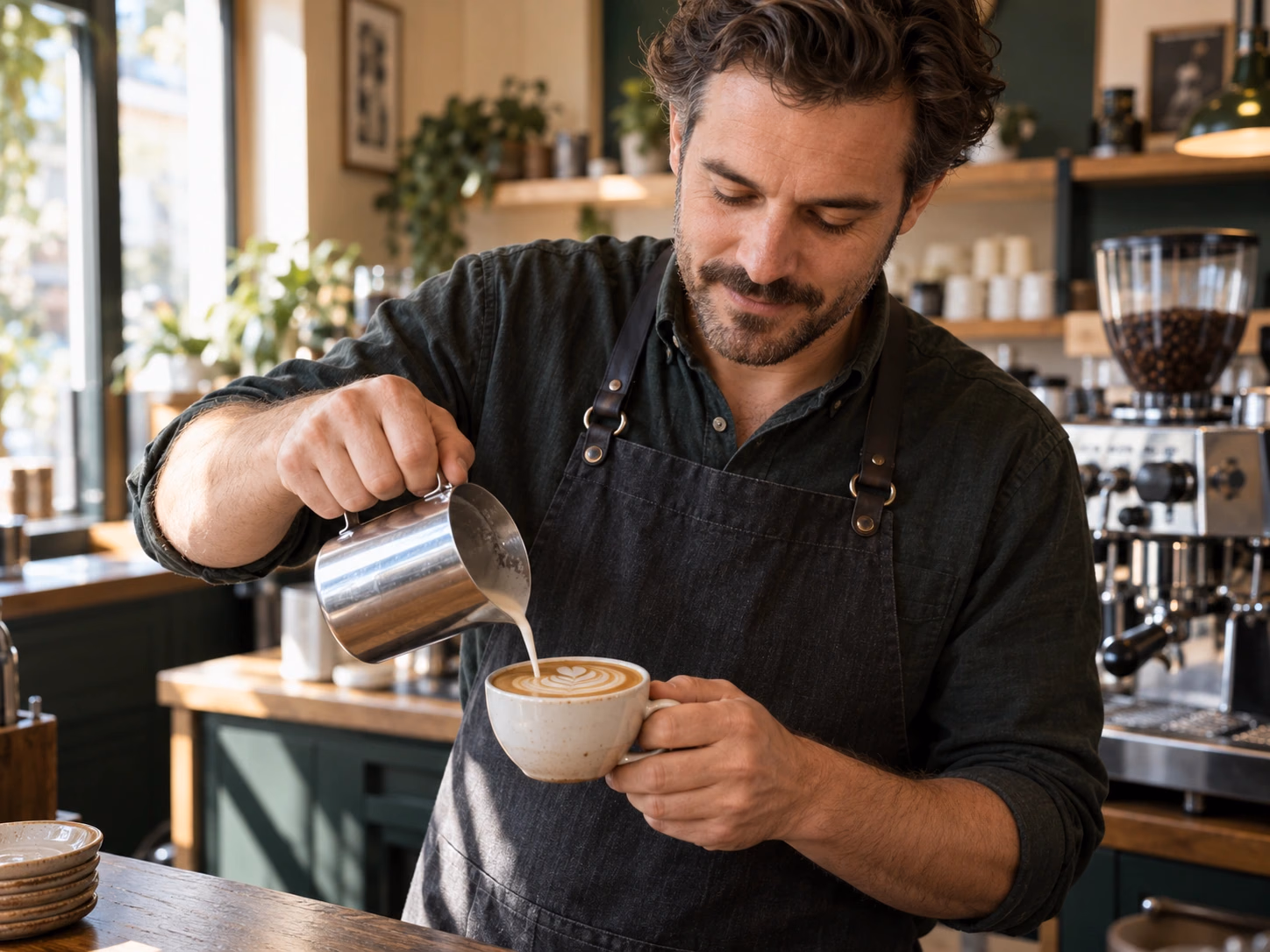 Cafébetreiber gießt Milch in einen frisch zubereiteten Kaffee